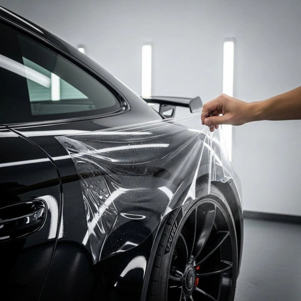 Paint protection film being applied to a black sports car